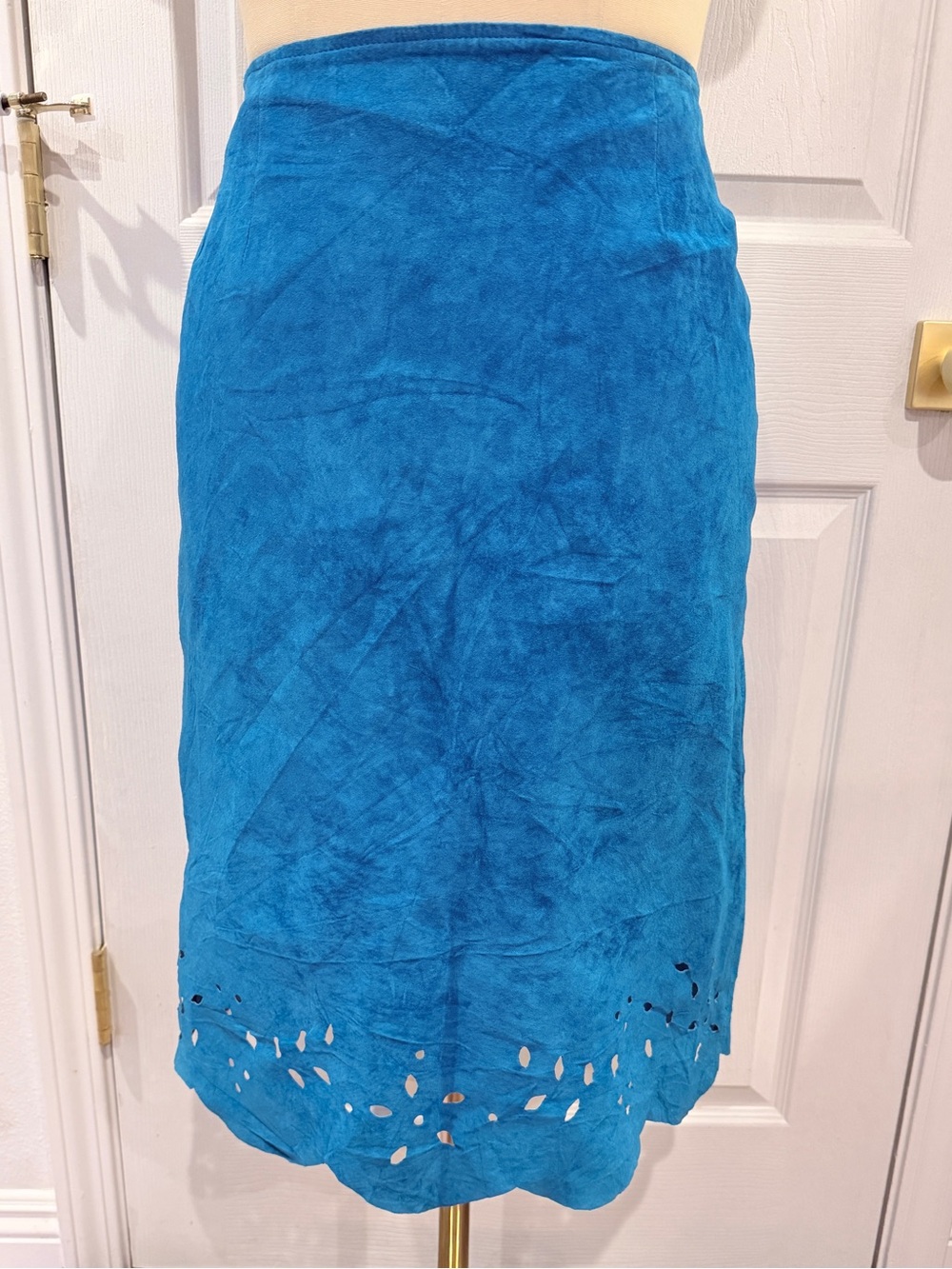 100% Suede Turquoise Midi Skirt with Laser-Cut Hem by Hana By Tamotsu
